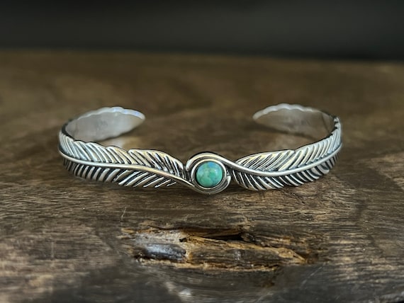 Sterling Silver Feather Bracelet With Turquoise - 925