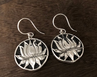 Lotus Earrings - Silver Lotus Lava Earrings - 925 Sterling Silver