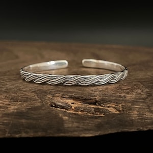 Rustic Braid Cuff Bracelet - 925 Sterling Silver - Size 6 to 7 Inch Wrist