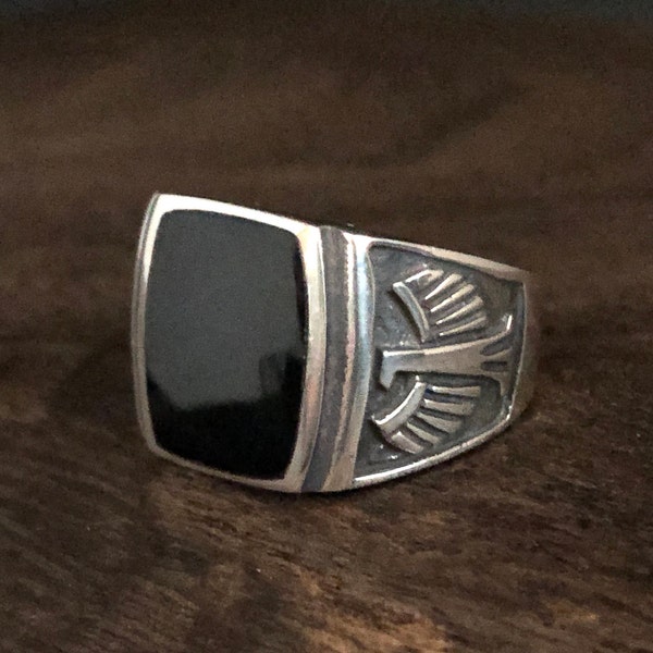 Thunderbird Black Onyx Ring // Men's Black Onyx Silver Ring // Onyx Eagle Ring // Onyx Master of the Sky Ring // Black Onyx Eagle Sky Ring