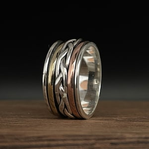 Braid Spin Ring // 925 Sterling Silver // Tri-Color Silver Spin Ring with Copper and Brass