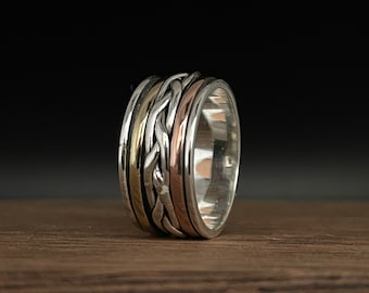 Sterling Silver Braid Spinner Ring: Tri-Color Copper & Brass