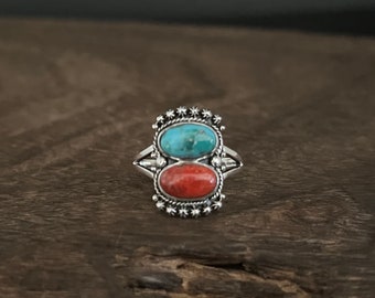 Western Turquoise Coral Ring // Southwest Style Turquoise Coral Ring // 925 Sterling Silver