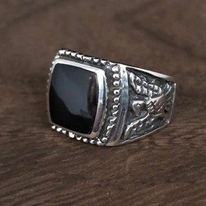 Men&#39;s Black Onyx Thunderbird Ring // 925 Sterling Silver // Sizes 7 to 12