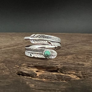 Sterling Silver Feather Ring: Western Turquoise Oxidized Jewelry