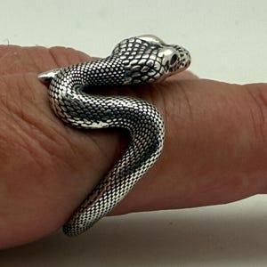 May include: A silver-toned ring shaped like a coiled snake with detailed scale textures across its body. The snake design wraps around the finger, featuring a defined head with dark eye accents and a textured surface that mimics natural reptile skin.