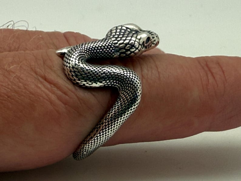 May include: A silver-toned ring shaped like a coiled snake with detailed scale textures across its body. The snake design wraps around the finger, featuring a defined head with dark eye accents and a textured surface that mimics natural reptile skin.