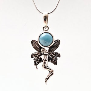 Fairy Pendant - Silver Fairy Pendant - Larimar Fairy Pendant -- 925 Sterling Silver