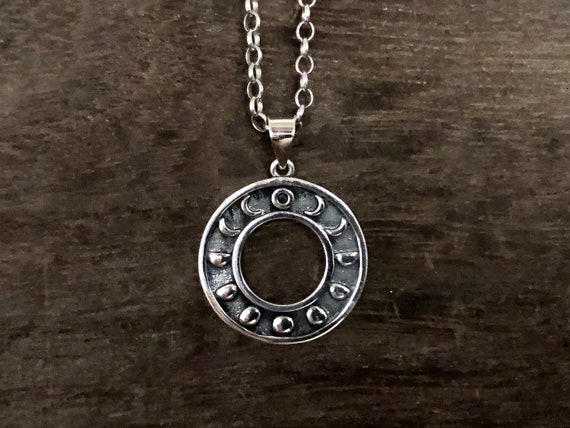 Oxidized Sterling Silver Moon Phase Pendant - Celestial Jewelry