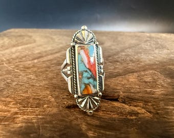 Turkooiszilveren westerndesign ring gemaakt met natuurlijk oesterturkoois, maten 7, 8, 9, 10