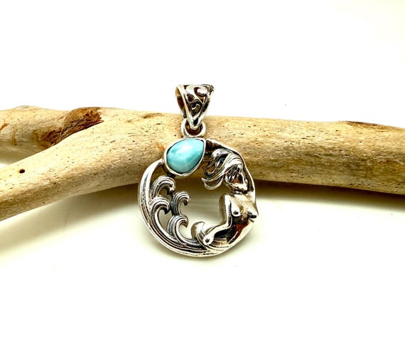 Sterling Silver Mermaid Pendant with Larimar Waves Jewelry