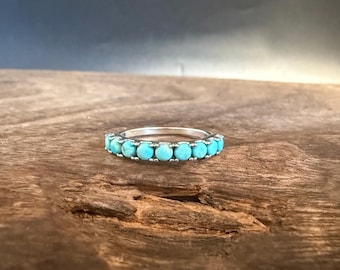 Half Eternity Band Turquoise Ring: 925 Sterling Silver, Sizes 5 to 10