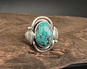 Anillo de plata de ley con hoja de turquesa - Diseño oxidado del suroeste, talla 9