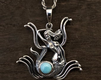 Silver Mermaid Pendant with Larimar - Mermaid Pendant - Larimar Mermaid Pendant -- Larimar Jewelry