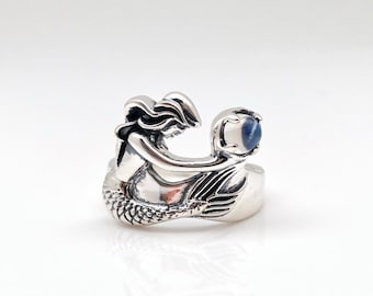 Handmade Sterling Silver Mermaid Ring with Rainbow Moonstone