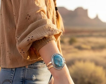 Southwest Design Chrysocolla Turquoise Cuff Bracelet -- 925 Sterling Silver - Handmade