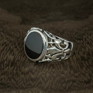 Fleur-de-Lise Siegelring mit schwarzem Onyx Ring // 925 Sterling Silber // Fleur-de-Lis Herrenring