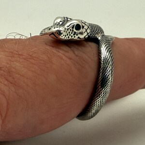 May include: A silver-toned ring shaped like a coiled snake. The metal surface features detailed, textured scale patterns across the body and head, with dark accents highlighting the crevices of the scales and the eyes of the snake design.