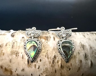 Dangly Owl Earrings with Abalone Shell - 925 Sterling Silver - Handmade