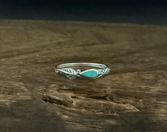 Thin Stackable Turquoise Leaf Ring: Handmade Sterling Silver Southwestern Jewelry