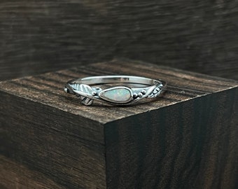 Opal Leaf Ring: Thin Sterling Silver Band, Handmade