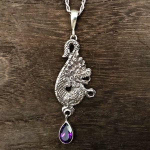 Dragon Pendant with Amethyst- 925 Sterling Silver- Oxidized Finish - Hand Cast - Silver Dragon Pendant -- Fantasy Jewelry