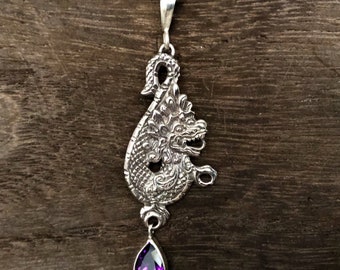 Dragon Pendant with Amethyst- 925 Sterling Silver- Oxidized Finish - Hand Cast - Silver Dragon Pendant -- Fantasy Jewelry