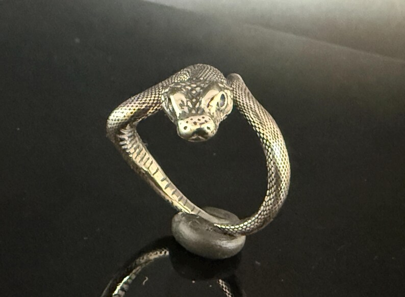 May include: A metallic ring shaped like a coiled snake with a textured, scale-like surface. The snake head is positioned at the top, facing forward with visible eyes and snout details, while the body forms the circular band of the ring.