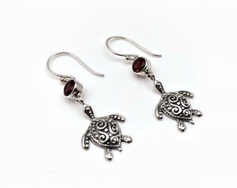 Oxidized Sterling Silver Sea Turtle Earrings with Garnet