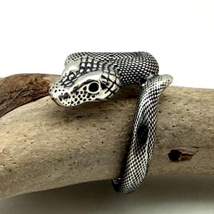 May include: A silver-toned ring shaped like a coiled snake with detailed scale textures and dark, recessed accents. The snake head features prominent eyes and a textured surface, wrapping around to form the band of the ring.