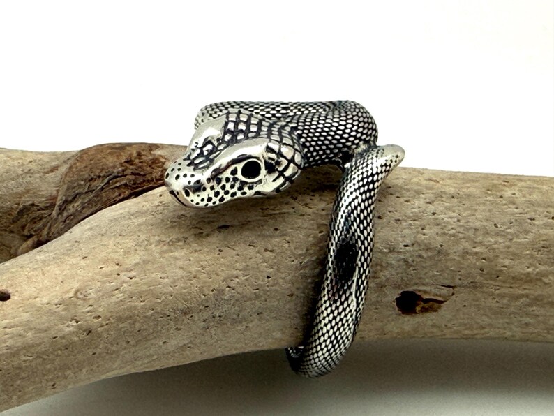 May include: A silver-toned ring shaped like a coiled snake with detailed scale textures and dark, recessed accents. The snake head features prominent eyes and a textured surface, wrapping around to form the band of the ring.