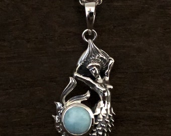 Mystic Mermaid with Larimar Pendant - Silver Mermaid Pendant with Larimar - Mermaid Pendant -- Larimar Jewelry