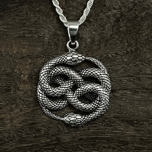 Silver Snakes Pendant - Double Ouroboros Snake Charm -- 925 Sterling Silver