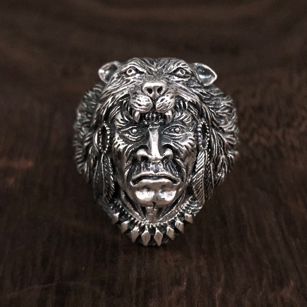 Indian Head Chief Lion Ring  // 925 Sterling Silver // Men's Indian Head Ring