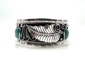 サウスウェスタンシルバーリーフカフブレスレット（ターコイズ