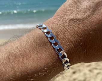 Mens Sterling Silver Curb Bracelet - 9mm Wide, Made in Italy