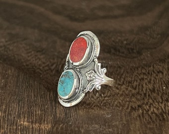 Multi Stone Turquoise Coral Ring // Vintage Style Southwest Turquoise Coral Ring // 925 Sterling Silver