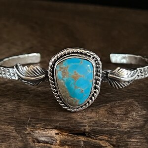 Hand Etched Silver Feather Bracelet with Natural Turquoise - 925 Sterling Silver - One of a Kind