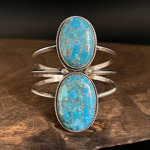 Large Western Design Turquoise Cuff Bracelet -- 925 Sterling Silver - Handmade