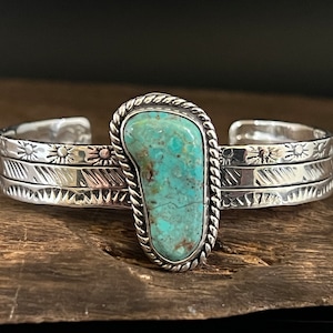 Hand Etched Southwest Silver Bracelet with Natural Turquoise - 925 Sterling Silver - One of a Kind