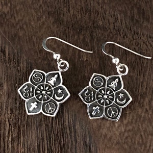 Multi-Faith Earrings - 925 Sterling Silver - OM, Lotus, Cross, Ying Yang, Moon, Peace Earrings