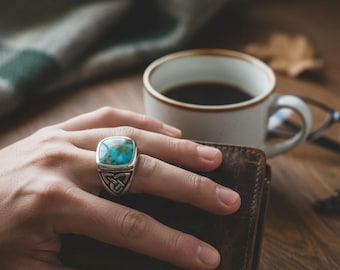 Celtic Triquetra Turquoise Ring: 925 Sterling Silver Mens Ring