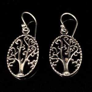 Tree of Life Earrings - 925 Sterling Silver - Dangly Oval Shape - Hand Cast -- Tree of Life Jewellery