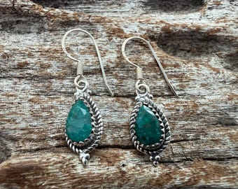 Western Teardrop Green Emerald Earrings- 925 Sterling Silver - Handmade