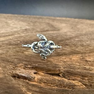 Könnte beinhalten: Ein silberner Ring mit einem verschlungenen Schlangenmuster. Die Schlange ist detailliert mit Schuppen und einem erhobenen Kopf. Der Ring liegt auf einer rustikalen Holzoberfläche, die die Textur und Form des Schmucks hervorhebt.