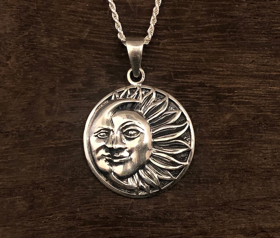 Oxidized Sterling Silver Moon Sun Pendant: Celestial Jewelry