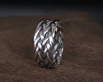 Oxidized Sterling Silver Braided Ring - 9mm Band