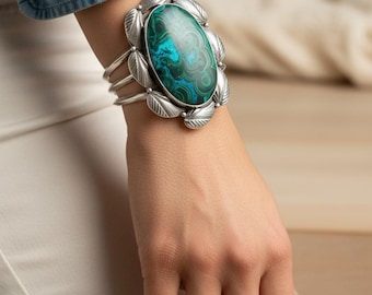 Southwest Design Chrysocolla Malachite Cuff Bracelet -- 925 Sterling Silver - Handmade