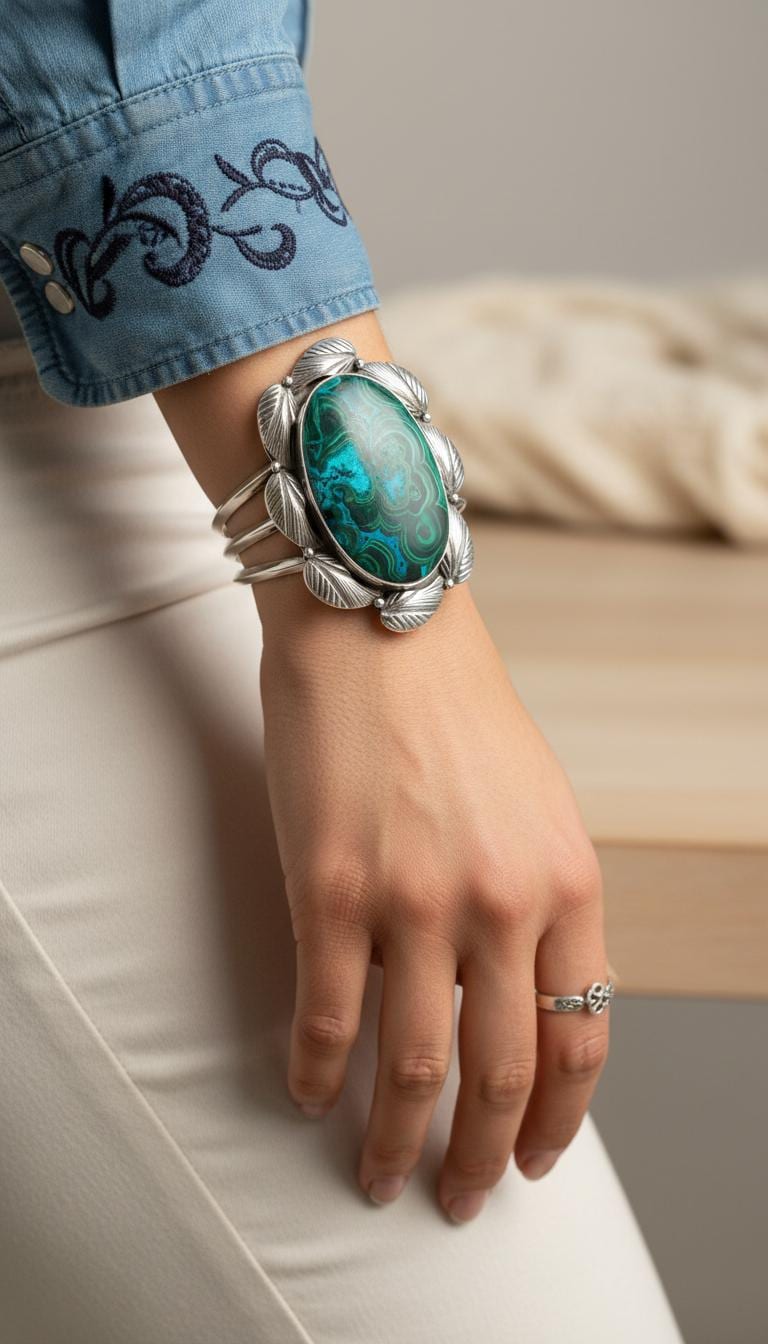Southwest Design Chrysocolla Malachite Cuff Bracelet -- 925