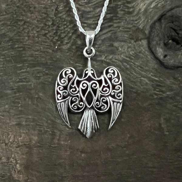 Filigree Raven Pendant  - 925 Sterling Silver - Optional Rope Chain